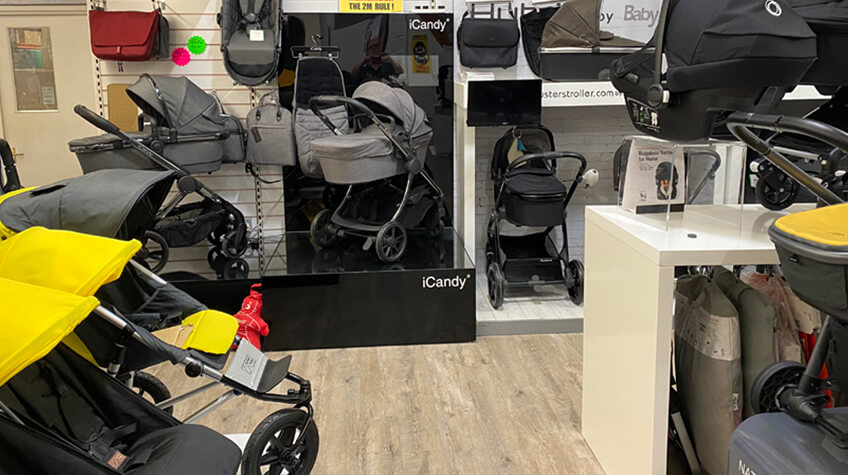 inside the Paul Stride shop, showing a lot of pushchairs
